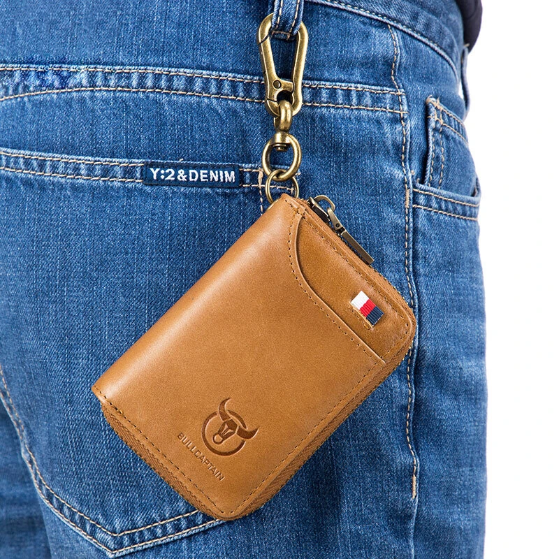 (image for) BULLCAPTAIN Genuine Leather Mens Waist-Mounted Wallet Card & Id Holders Multi-function Key Chain Holders Mini Key Bag Coin Purse Wallet Two-In-One with Gift Box