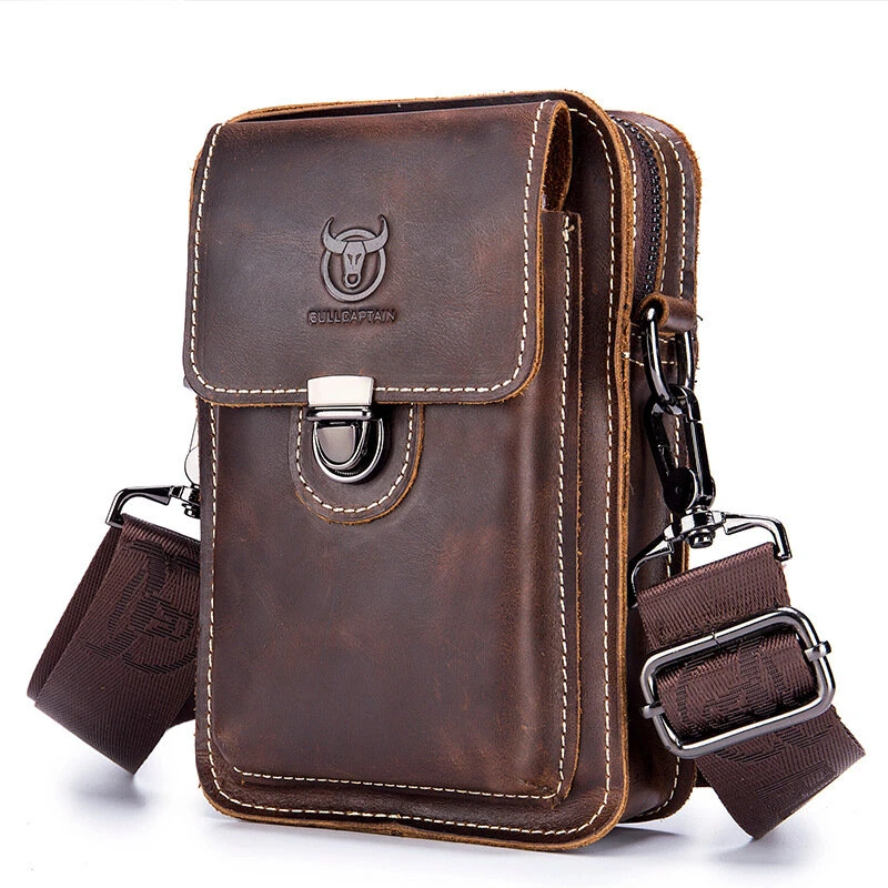 (image for) BULLCAPTAIN Men Casual Waist Bag Belt Purse Genuine Leather Multifunctional Shoulder Messbage Bag Mobile Phone Crossbody Bags Waist Pack